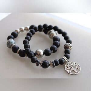 2 Tree of Life Bracelets Bead Bracelets Black & Silver Tone